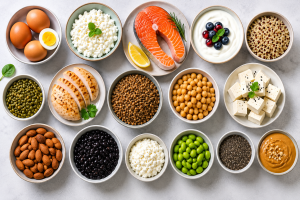 Best high protein foods for muscle gain including eggs, salmon, chicken, cottage cheese, tofu, beans, lentils, quinoa, almonds, and chia seeds