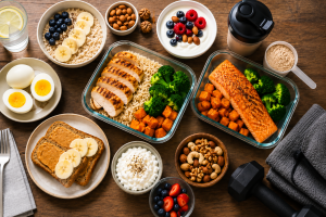 Easy high protein meal plan for muscle gain featuring chicken breast, salmon, eggs, oatmeal, rice, broccoli, nuts, yogurt, and healthy snacks.