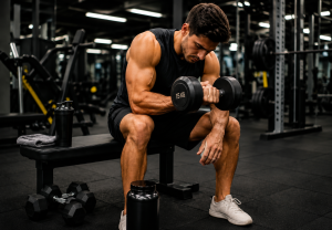 Man performing a dumbbell workout in the gym to maximize muscle gain through strength training and proper nutrition.